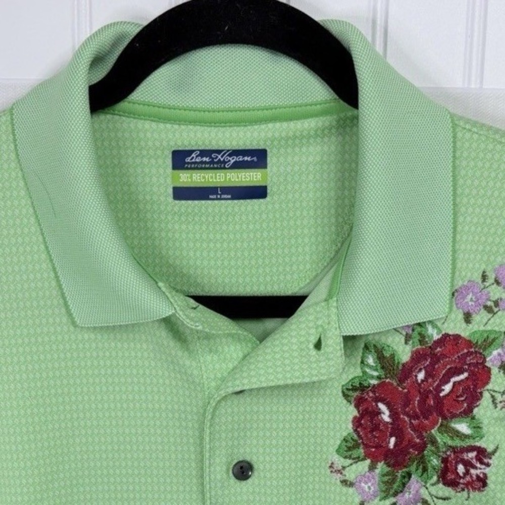 Ben Hogan Performance Polo Shirt L Green Custom Floral Embroidered Golf Shirt - Picture 3 of 16